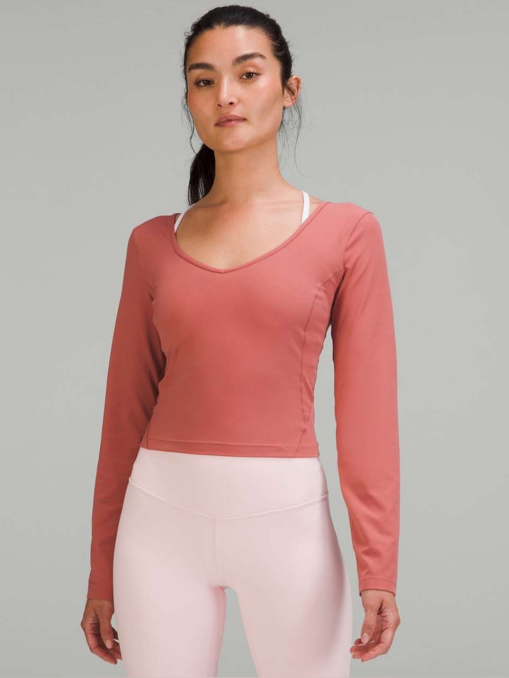 lululemon athletica V-Neck Long Sleeve Crop Top in Dusty Rose